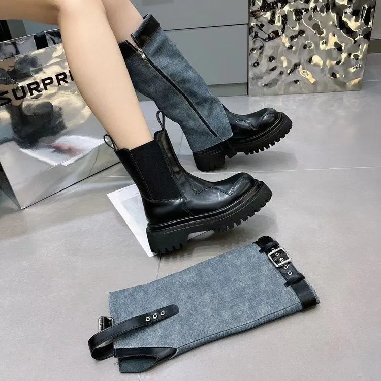 2025  Fashionista platform-soled cowboy Martin boots women's popular new niche round head side zipper thick heel boots