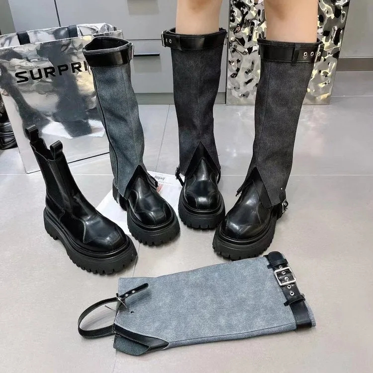 2025  Fashionista platform-soled cowboy Martin boots women's popular new niche round head side zipper thick heel boots