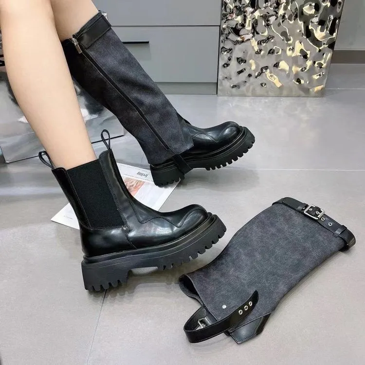 2025  Fashionista platform-soled cowboy Martin boots women's popular new niche round head side zipper thick heel boots