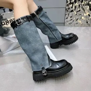 2025  Fashionista platform-soled cowboy Martin boots women's popular new niche round head side zipper thick heel boots