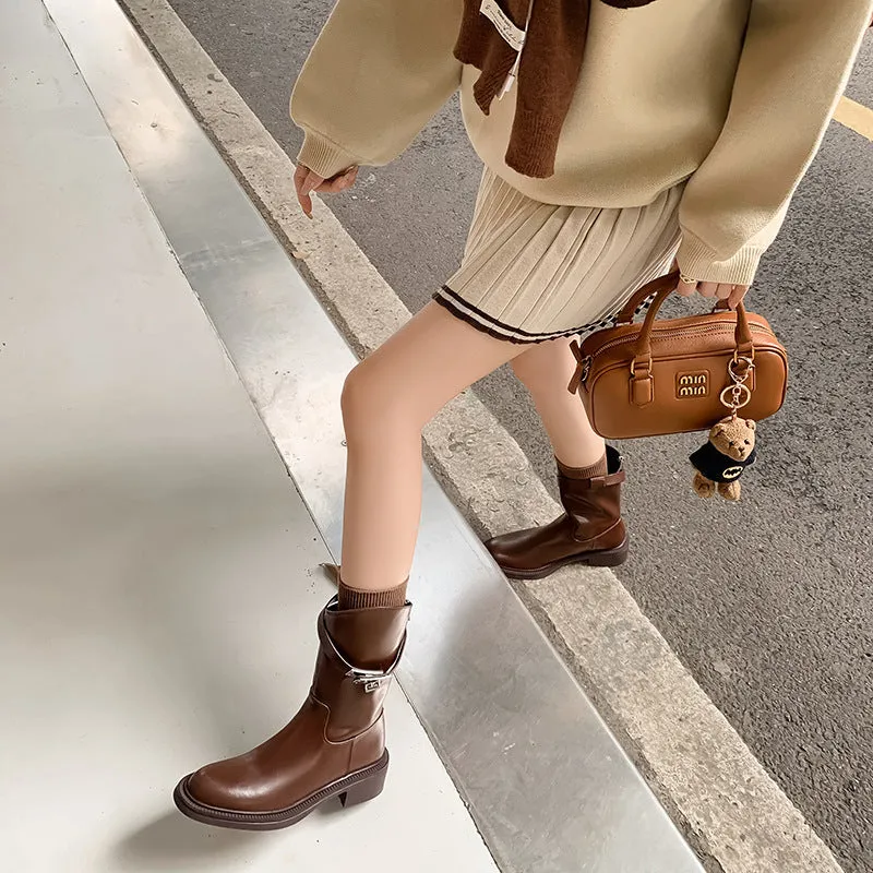 2025  Lock simple version~ polished round head short boots women's British wind oblique middle heel Martin boots thick heel thin leg medium boots