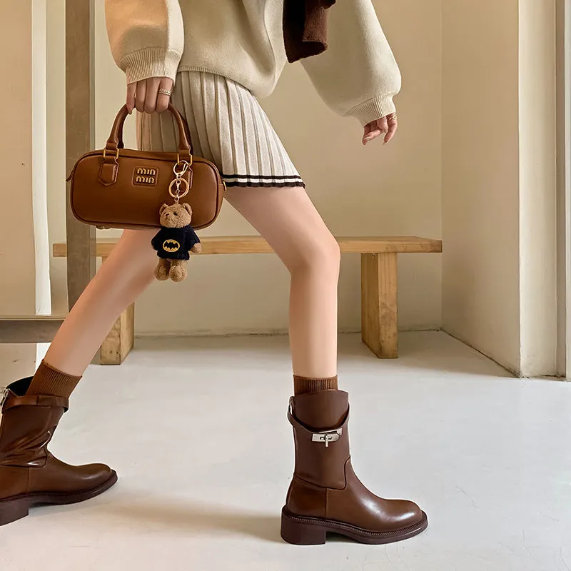 2025  Lock simple version~ polished round head short boots women's British wind oblique middle heel Martin boots thick heel thin leg medium boots