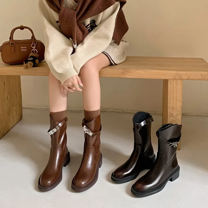2025  Lock simple version~ polished round head short boots women's British wind oblique middle heel Martin boots thick heel thin leg medium boots
