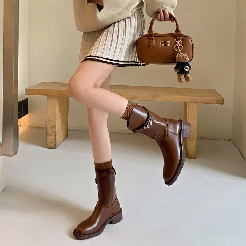 2025  Lock simple version~ polished round head short boots women's British wind oblique middle heel Martin boots thick heel thin leg medium boots