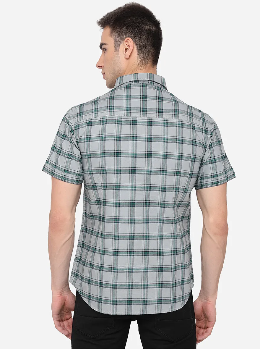 Aqua Blue & Grey Checked Slim Fit Casual Shirt | Greenfibre