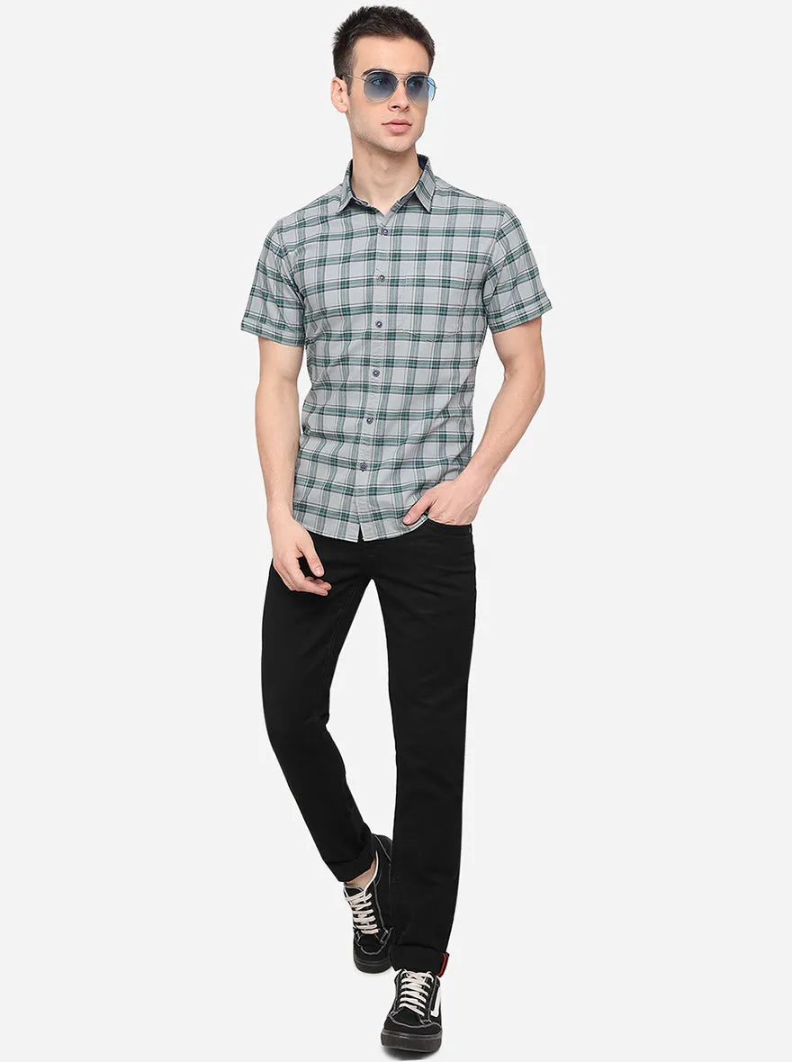 Aqua Blue & Grey Checked Slim Fit Casual Shirt | Greenfibre