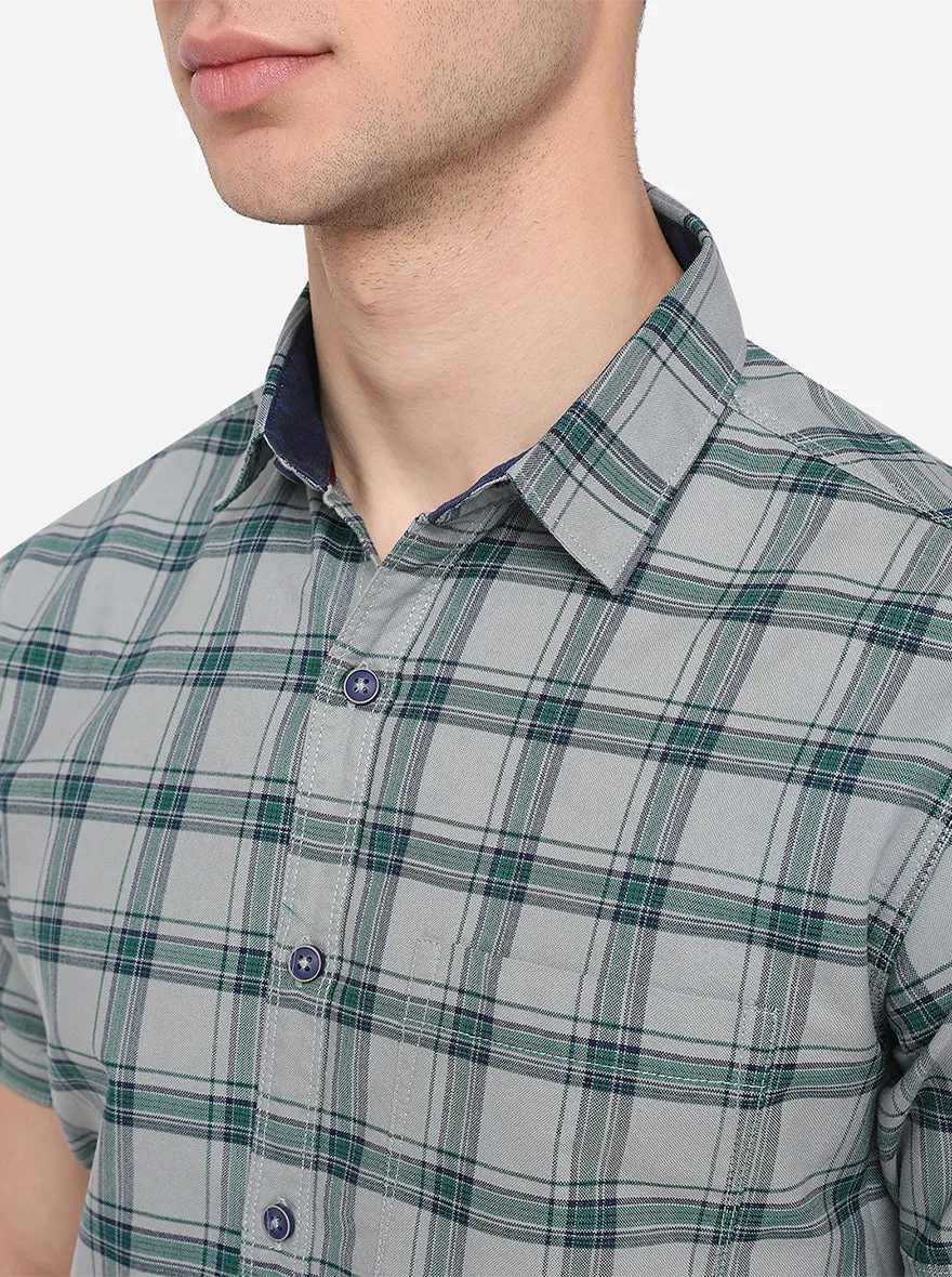 Aqua Blue & Grey Checked Slim Fit Casual Shirt | Greenfibre
