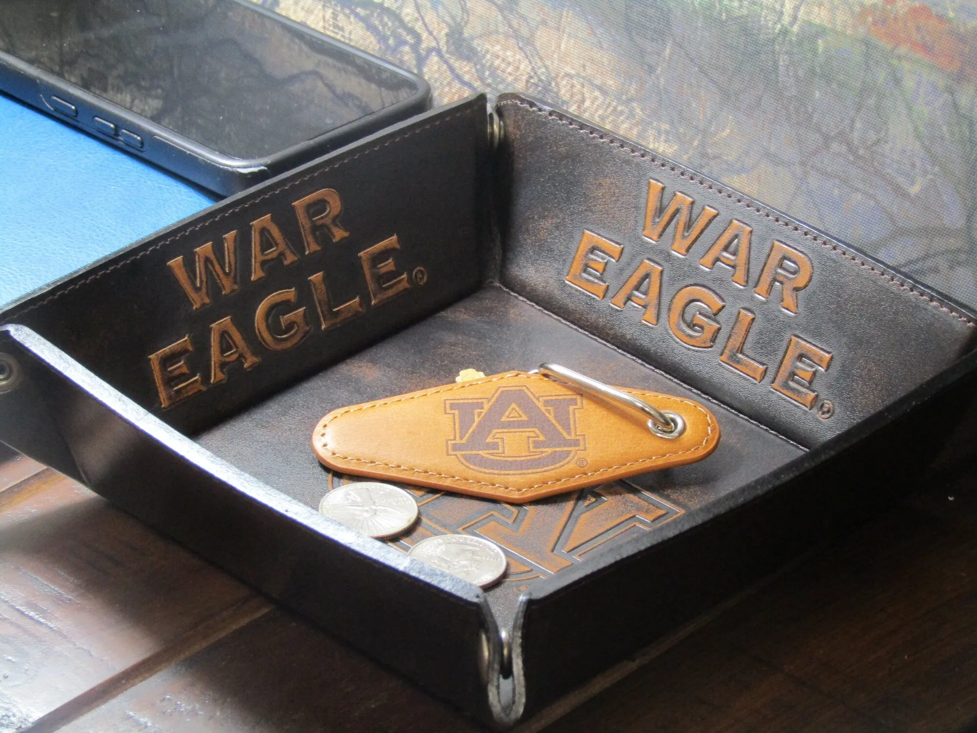 Auburn Tigers Collegiate Vintage Full Grain Leather Key Fob. Brown Burnished and Tan Embossed Key Ring.