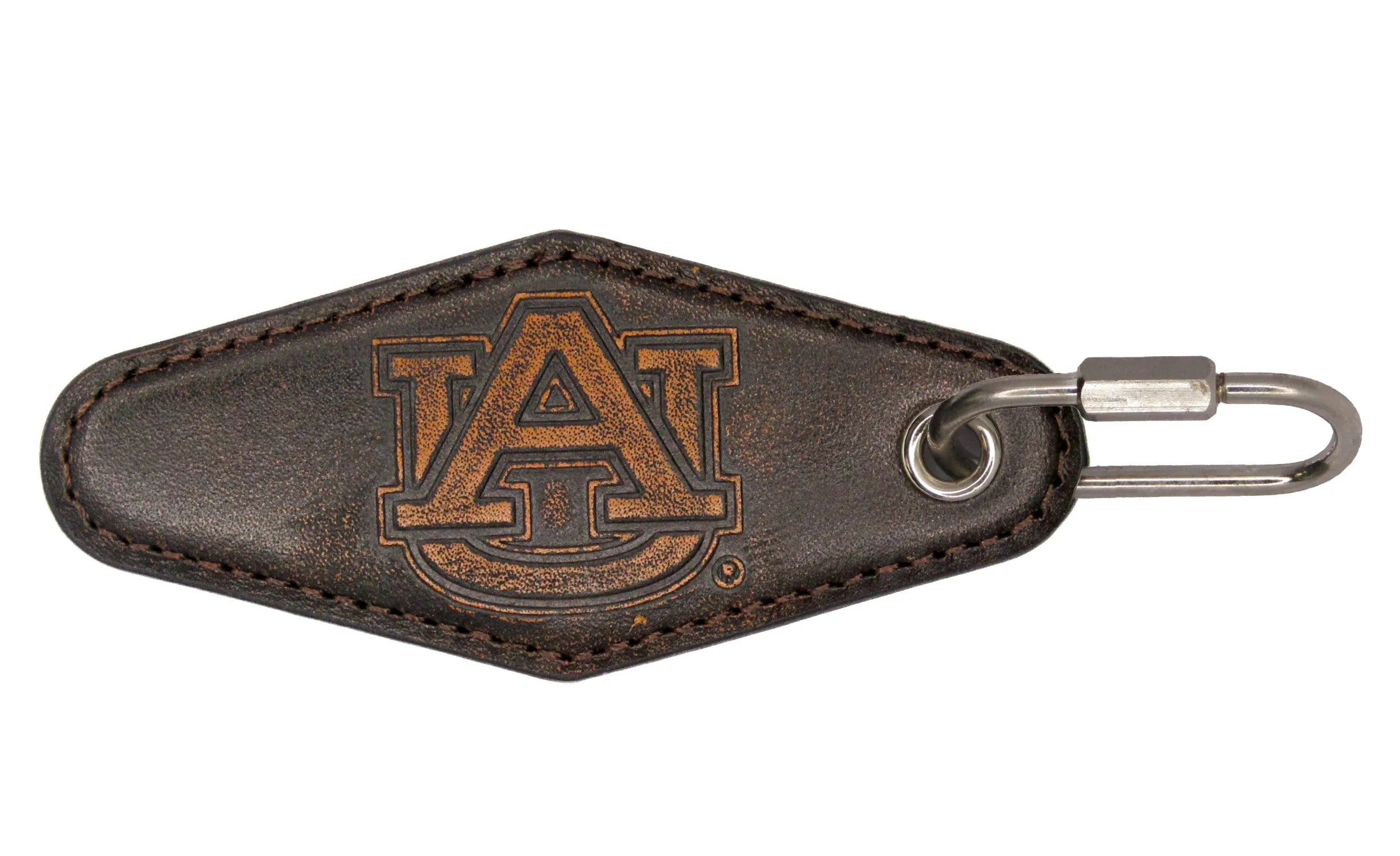 Auburn Tigers Collegiate Vintage Full Grain Leather Key Fob. Brown Burnished and Tan Embossed Key Ring.