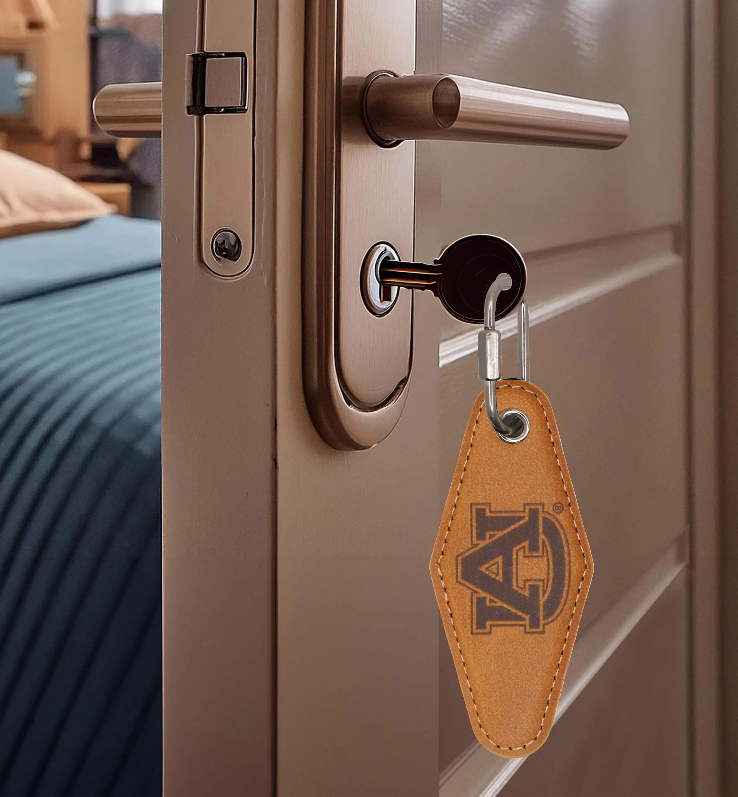 Auburn Tigers Collegiate Vintage Full Grain Leather Key Fob. Brown Burnished and Tan Embossed Key Ring.