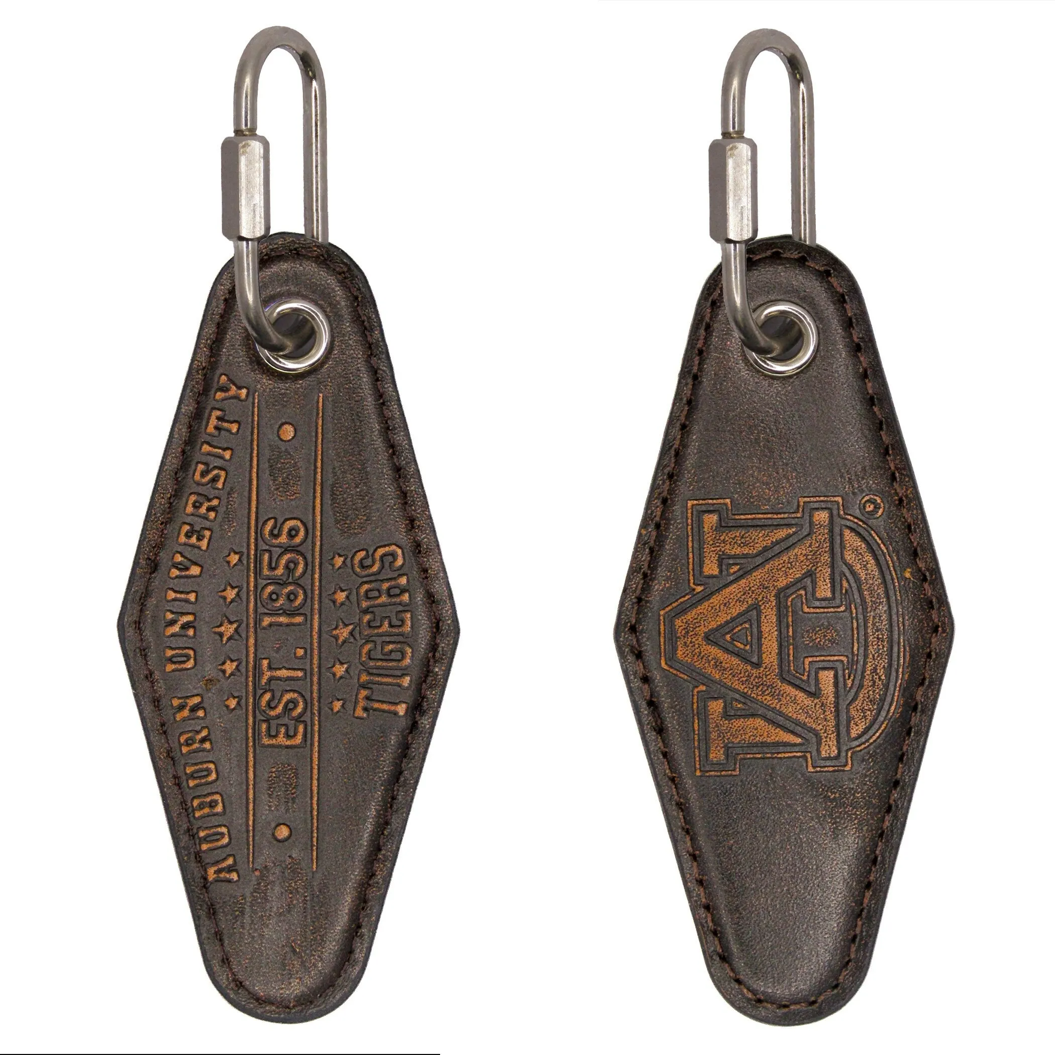 Auburn Tigers Collegiate Vintage Full Grain Leather Key Fob. Brown Burnished and Tan Embossed Key Ring.
