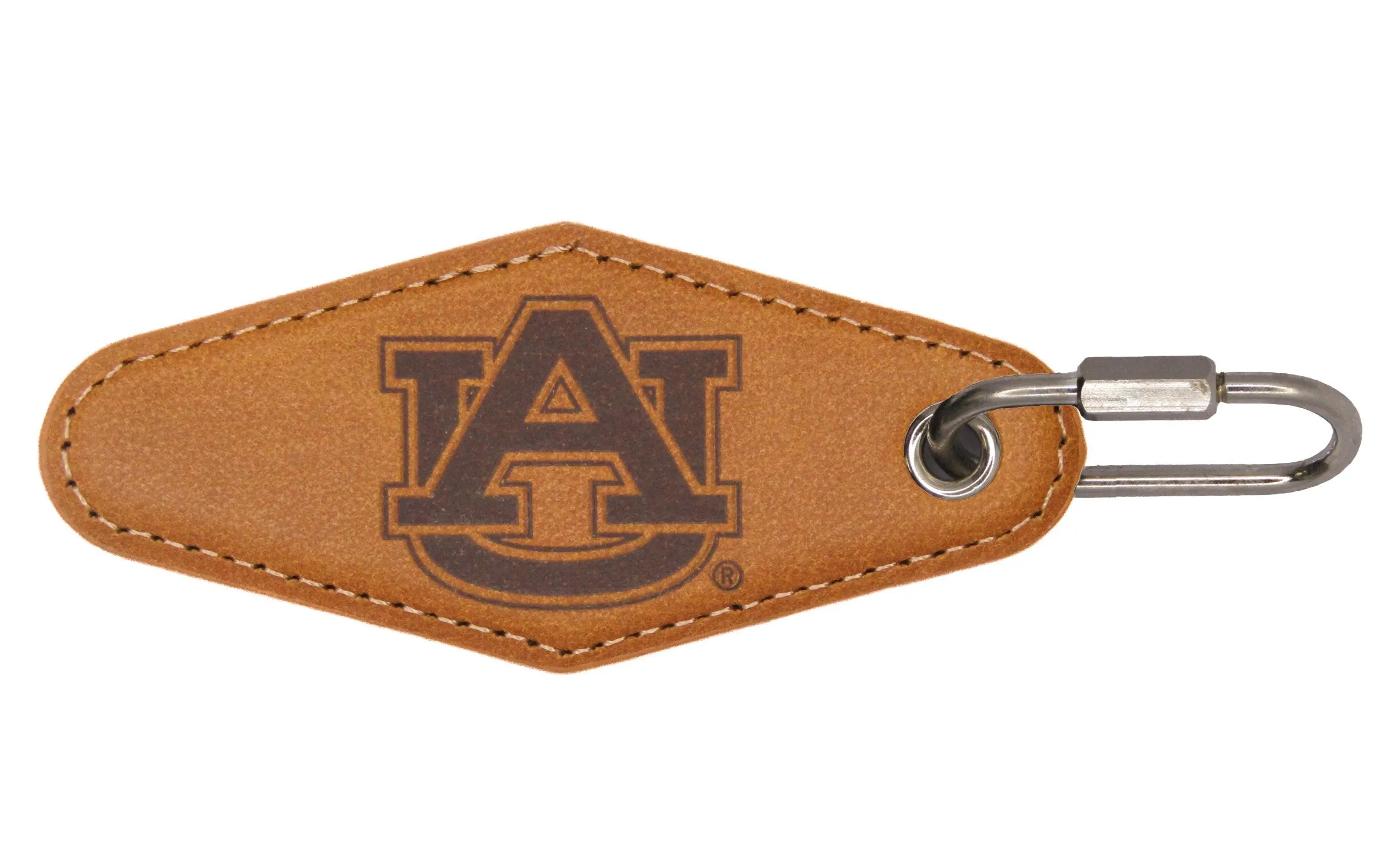 Auburn Tigers Collegiate Vintage Full Grain Leather Key Fob. Brown Burnished and Tan Embossed Key Ring.