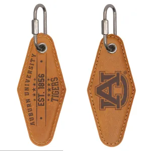 Auburn Tigers Collegiate Vintage Full Grain Leather Key Fob. Brown Burnished and Tan Embossed Key Ring.