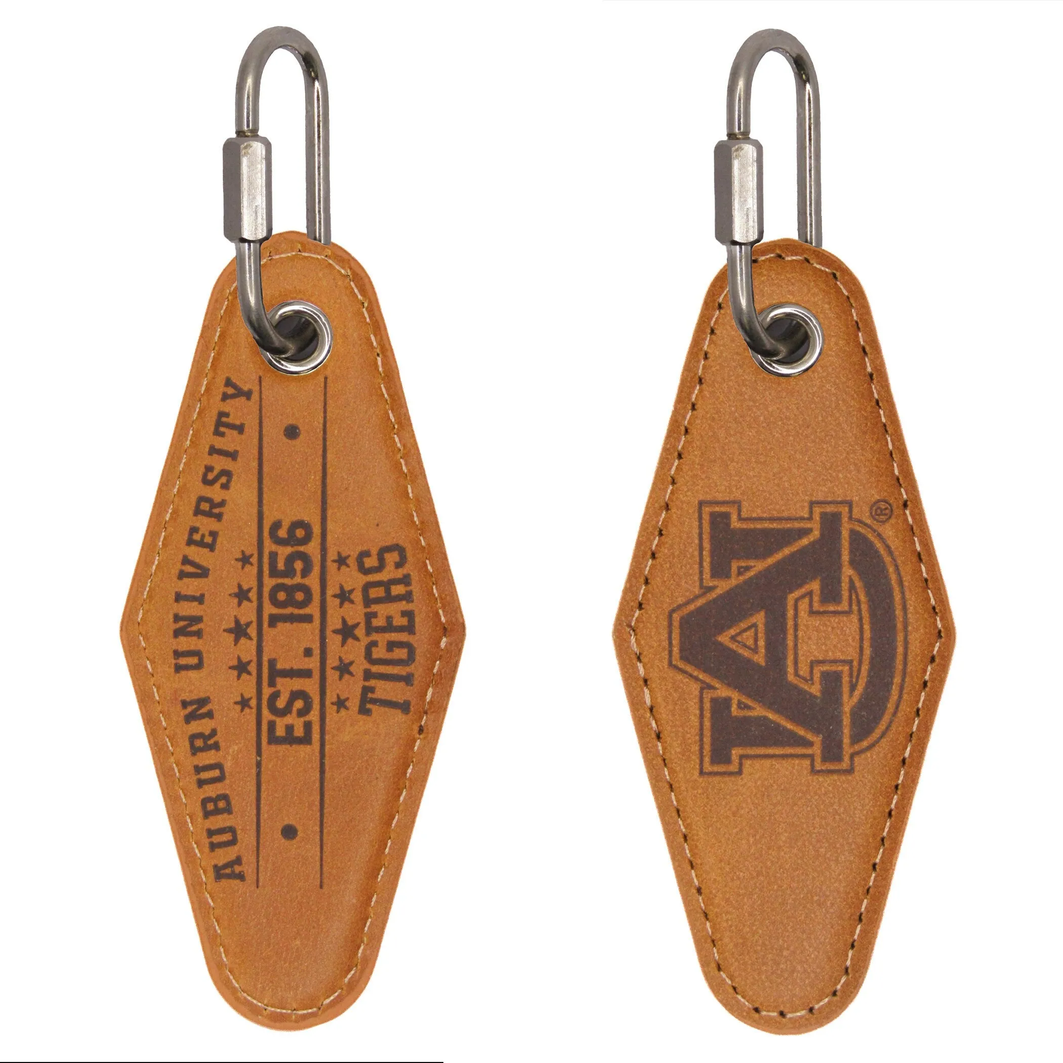 Auburn Tigers Collegiate Vintage Full Grain Leather Key Fob. Brown Burnished and Tan Embossed Key Ring.