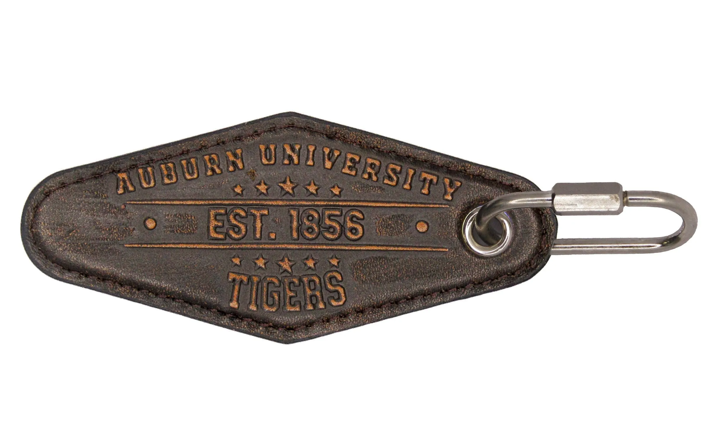 Auburn Tigers Collegiate Vintage Full Grain Leather Key Fob. Brown Burnished and Tan Embossed Key Ring.