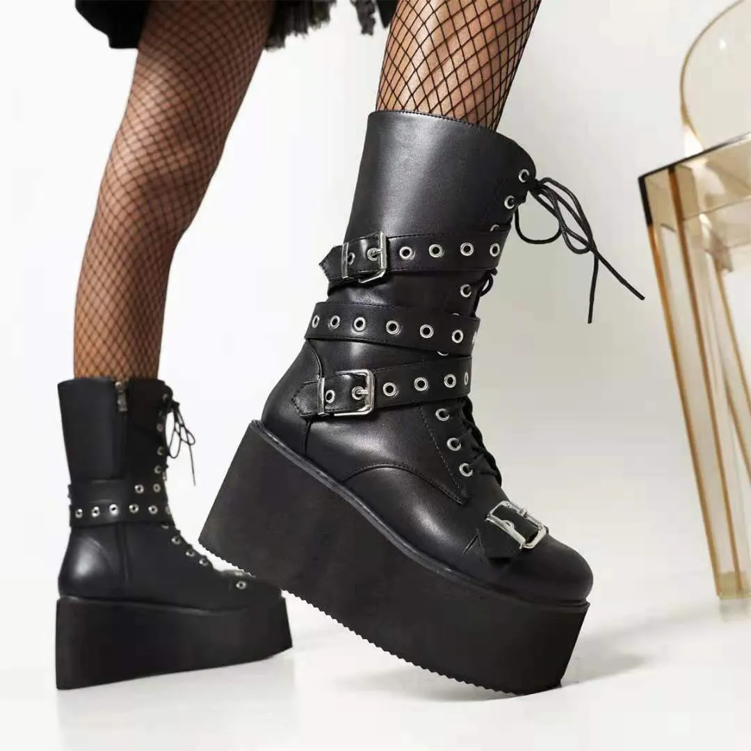 Autumn And Winter Buckled Wedge Platform Short Boots