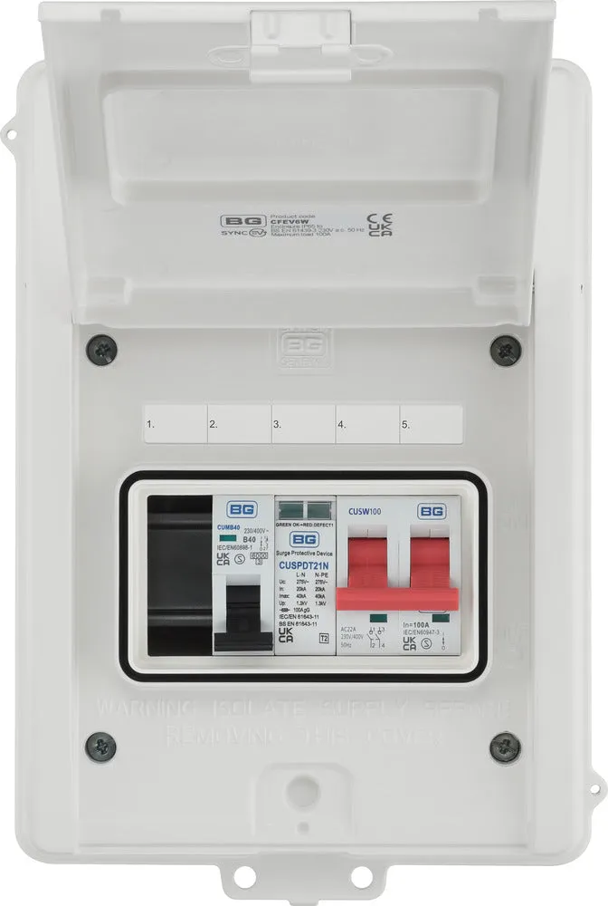 BG CFEV6W 5 Module IP65 Weatherproof White Metal EV Charger Circuit Protection with 100A Main Switch, 40A B Curve MCB & Type 2 SPD