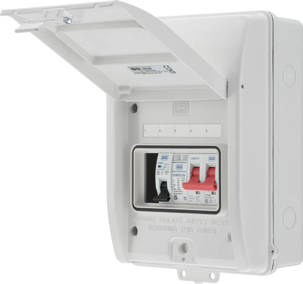 BG CFEV6W 5 Module IP65 Weatherproof White Metal EV Charger Circuit Protection with 100A Main Switch, 40A B Curve MCB & Type 2 SPD