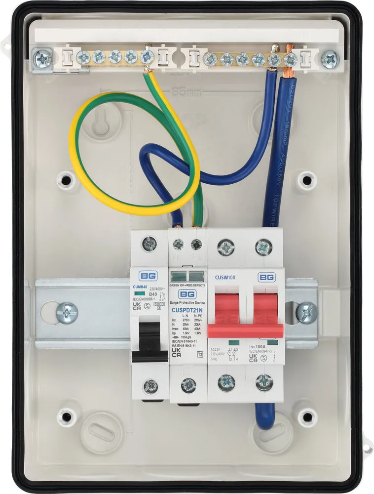 BG CFEV6W 5 Module IP65 Weatherproof White Metal EV Charger Circuit Protection with 100A Main Switch, 40A B Curve MCB & Type 2 SPD