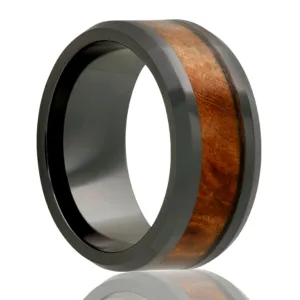 Black Diamond Ceramic Ring with Burl Wood Inlay