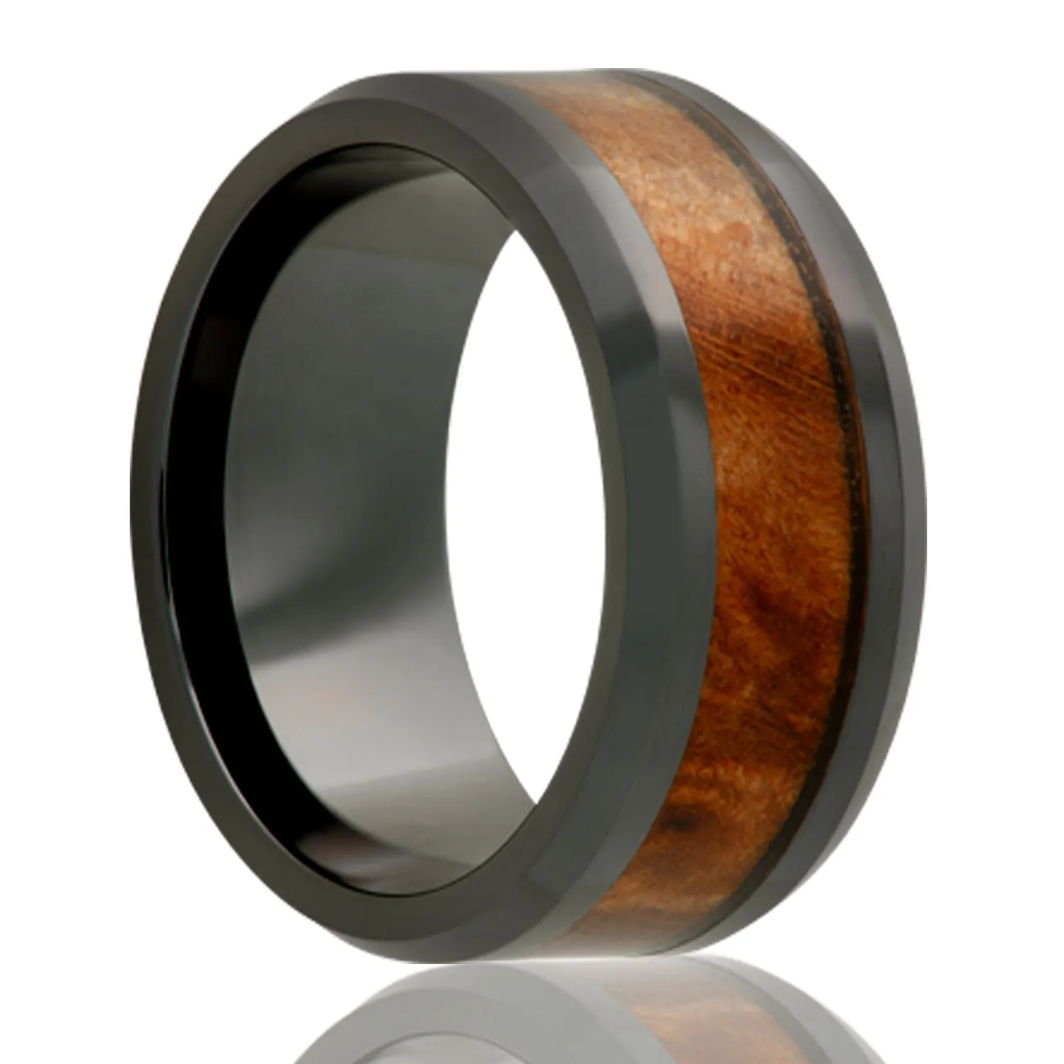 Black Diamond Ceramic Ring with Burl Wood Inlay
