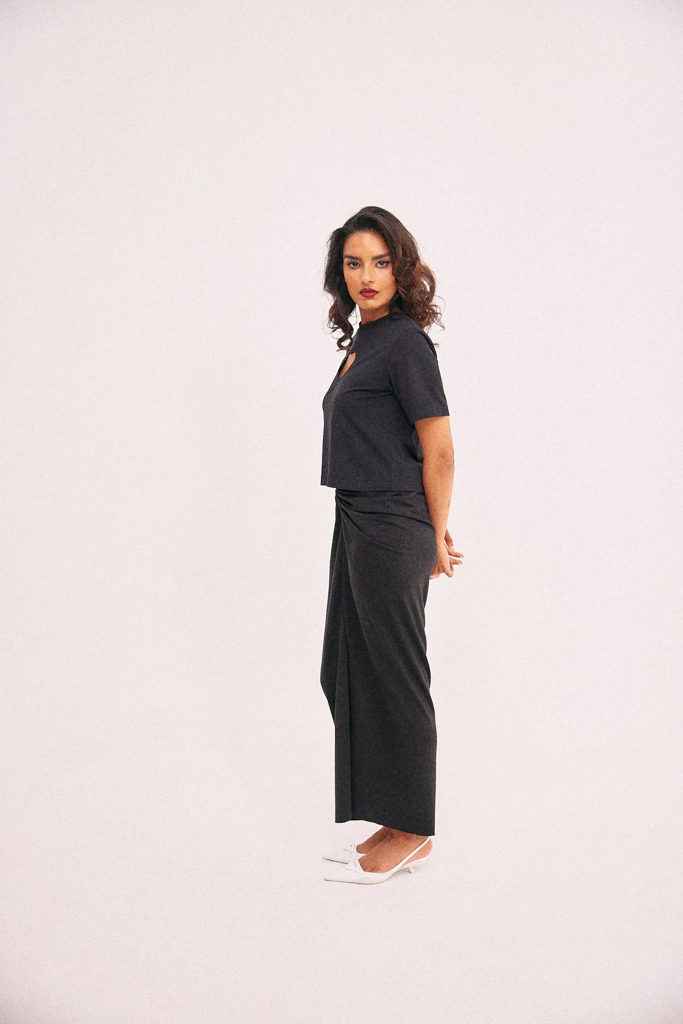 Black gathered skirt with front slit