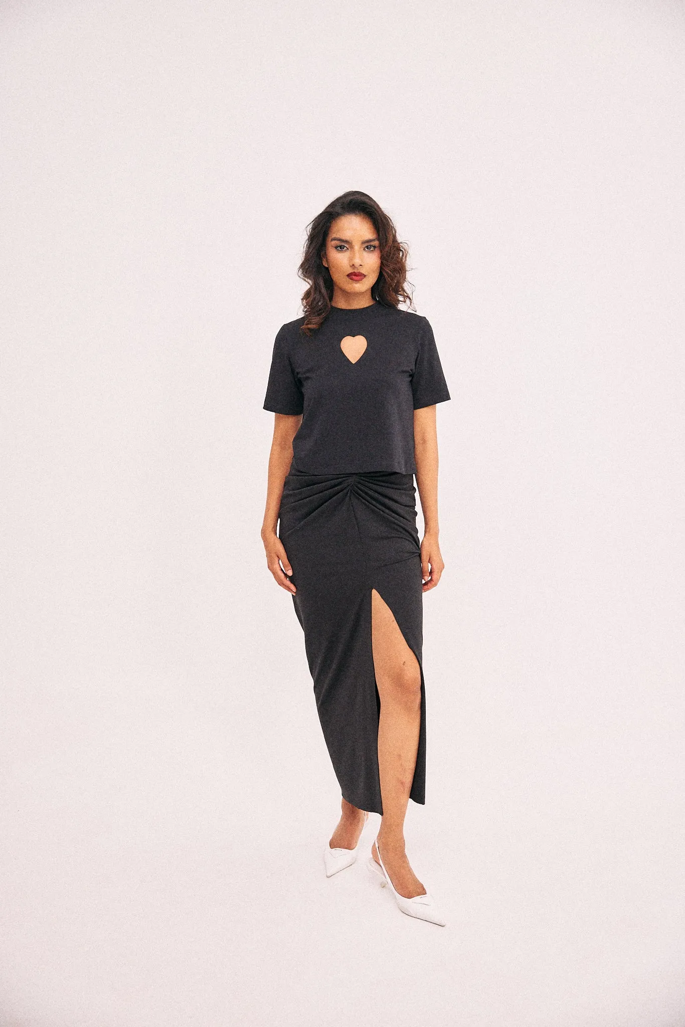 Black gathered skirt with front slit