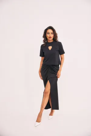 Black gathered skirt with front slit
