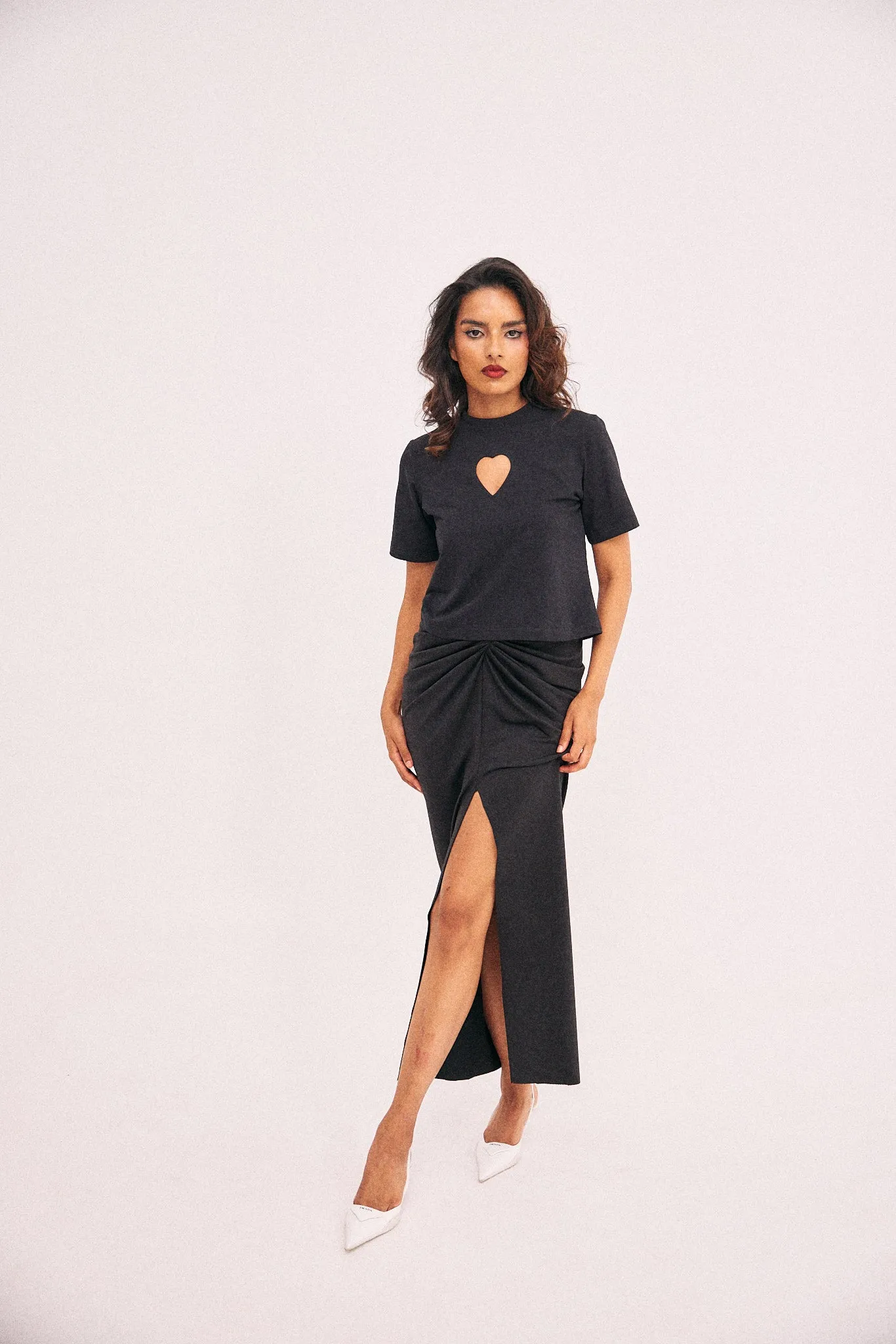 Black gathered skirt with front slit