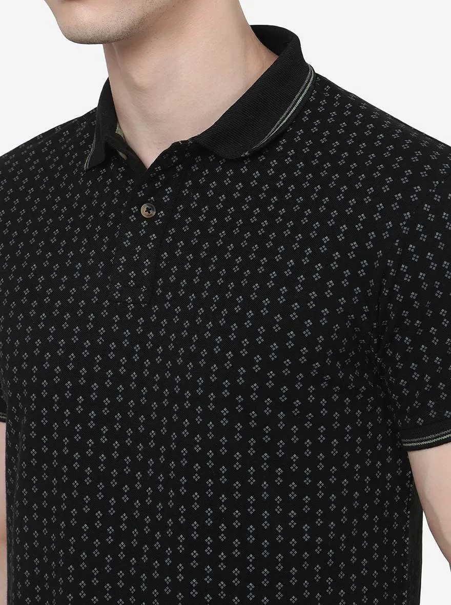 Black Printed Slim Fit Polo T-Shirt | Greenfibre