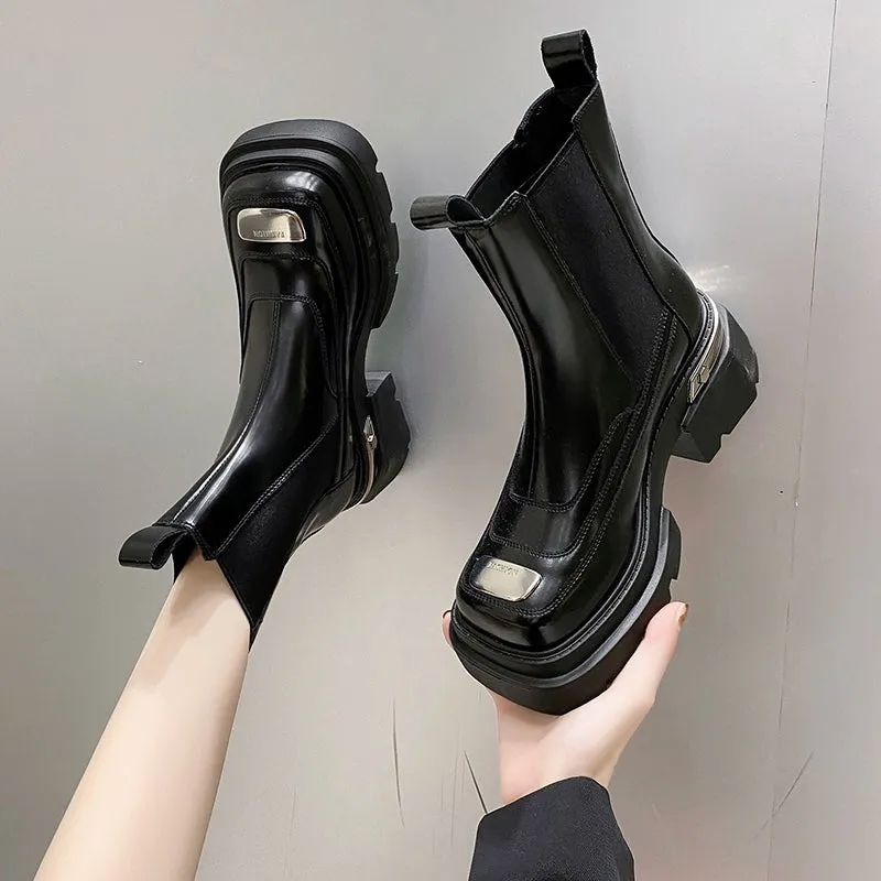 Chelsea Stylish Autumn and Winter Thick Sole Square Toe Smoke Pipe Boots