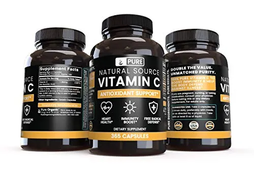 Cápsulas de vitamina C 100% puras, sin estearatos ni rellenos de arroz, vegetariano, inmunidad saludable, suministro de 6 meses, sin gluten y fuente natural Vitamina C sin aditivos, 1