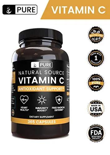Cápsulas de vitamina C 100% puras, sin estearatos ni rellenos de arroz, vegetariano, inmunidad saludable, suministro de 6 meses, sin gluten y fuente natural Vitamina C sin aditivos, 1
