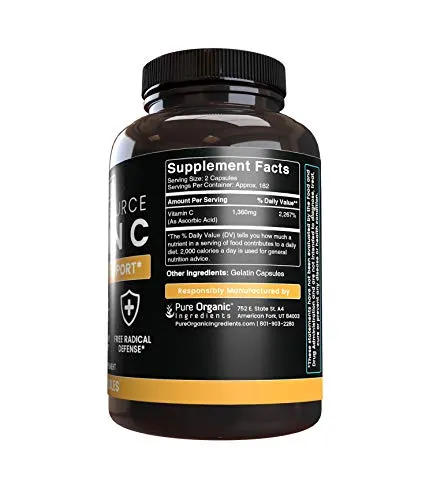 Cápsulas de vitamina C 100% puras, sin estearatos ni rellenos de arroz, vegetariano, inmunidad saludable, suministro de 6 meses, sin gluten y fuente natural Vitamina C sin aditivos, 1