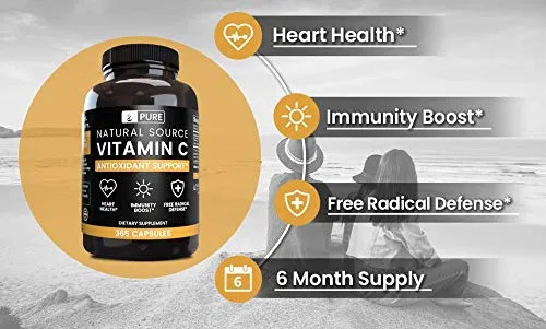 Cápsulas de vitamina C 100% puras, sin estearatos ni rellenos de arroz, vegetariano, inmunidad saludable, suministro de 6 meses, sin gluten y fuente natural Vitamina C sin aditivos, 1