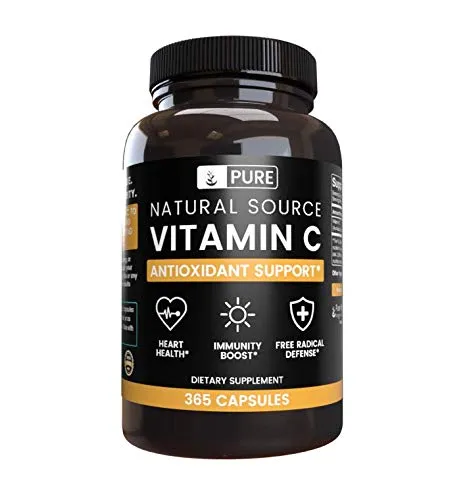 Cápsulas de vitamina C 100% puras, sin estearatos ni rellenos de arroz, vegetariano, inmunidad saludable, suministro de 6 meses, sin gluten y fuente natural Vitamina C sin aditivos, 1
