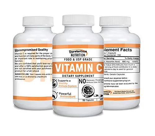 Cápsulas de vitamina C de Nutrición Unpretencitiva, 1000 % de valor diario, 600 mg, ácido L-ascórbico, vegano, sistema inmunitario saludable, satisfacción garantizada.