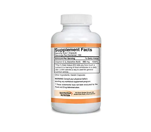 Cápsulas de vitamina C de Nutrición Unpretencitiva, 1000 % de valor diario, 600 mg, ácido L-ascórbico, vegano, sistema inmunitario saludable, satisfacción garantizada.