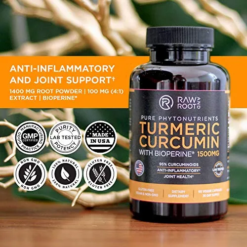 Cúrcuma Curcumina con Bioperine Extracto de pimienta negra – antiinflamatorio, salud de las articulaciones, 95% Curcuminoides – Suplemento Dietético, 60