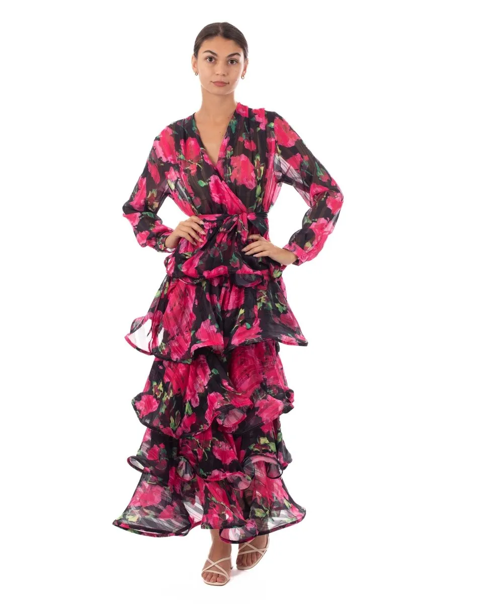 DMB Floral Print Ruffle Multi Layer Hem design Maxi Dress in Pink