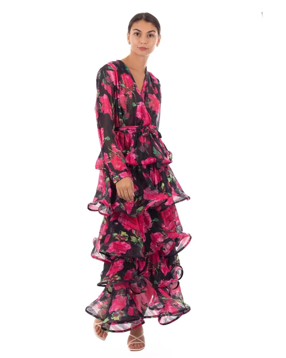 DMB Floral Print Ruffle Multi Layer Hem design Maxi Dress in Pink