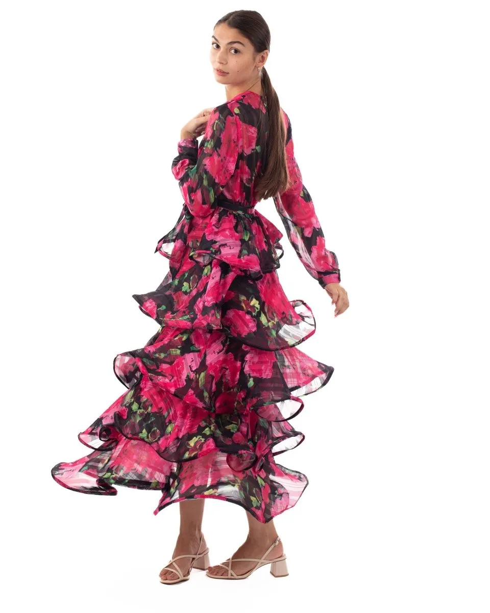 DMB Floral Print Ruffle Multi Layer Hem design Maxi Dress in Pink