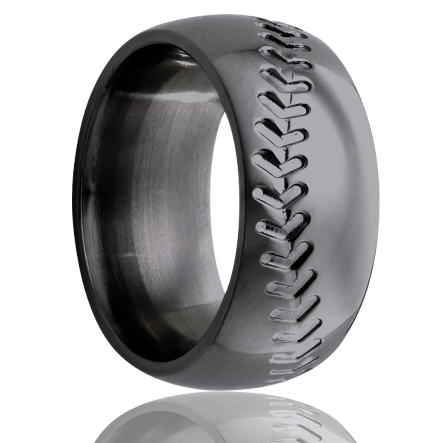 Dome Zirconium Ring with a Baseball Pattern