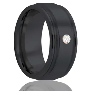 Double Grooved Edge Diamond Black Zirconium Ring