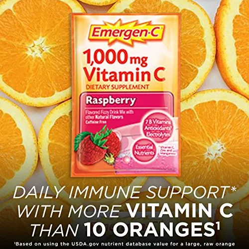 Emergen-C 1000 mg de vitamina C en polvo, con antioxidantes, vitaminas B y electrolitos, suplementos de inmunidad para apoyo inmunológico, mezcla de bebida Fizzy libre de cafeína, sabor a frambuesa - 30 unidades/1 mes de suministro