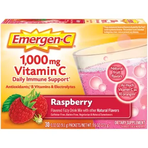 Emergen-C 1000 mg de vitamina C en polvo, con antioxidantes, vitaminas B y electrolitos, suplementos de inmunidad para apoyo inmunológico, mezcla de bebida Fizzy libre de cafeína, sabor a frambuesa - 30 unidades/1 mes de suministro