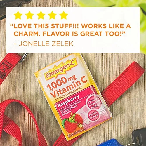 Emergen-C 1000 mg de vitamina C en polvo, con antioxidantes, vitaminas B y electrolitos, suplementos de inmunidad para apoyo inmunológico, mezcla de bebida Fizzy libre de cafeína, sabor a frambuesa - 30 unidades/1 mes de suministro