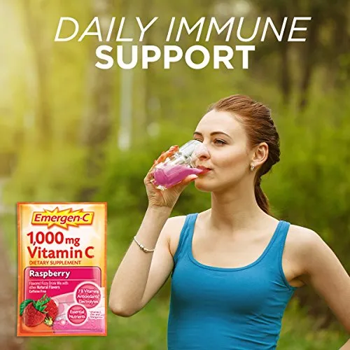 Emergen-C 1000 mg de vitamina C en polvo, con antioxidantes, vitaminas B y electrolitos, suplementos de inmunidad para apoyo inmunológico, mezcla de bebida Fizzy libre de cafeína, sabor a frambuesa - 30 unidades/1 mes de suministro