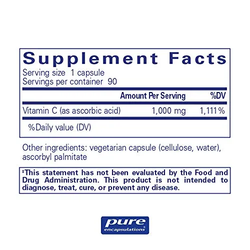 Encapsulaciones puras - Cápsulas de ácido ascórbico - Suplemento hipoalergénico de vitamina C para soporte antioxidante* - 90 cápsulas