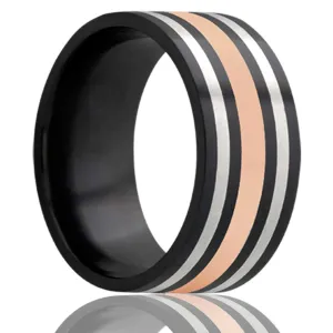 Flat Zirconium Band with a Rose Gold Inlay and Two Argentium Silver Inlays